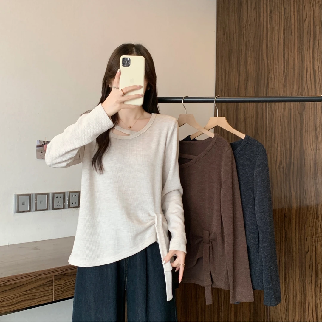 大码女2025秋冬款设计感飘带打底衫胖mm遮肚显瘦长袖T恤上衣80693