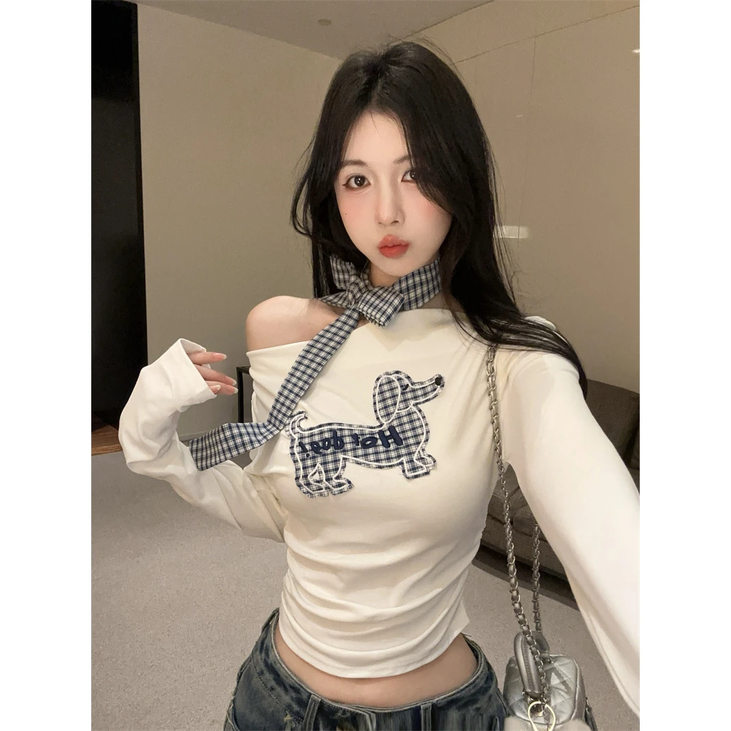 格子小狗长袖t恤秋冬辣妹一字斜肩挂脖打底衫内搭痞帅炸街风女装