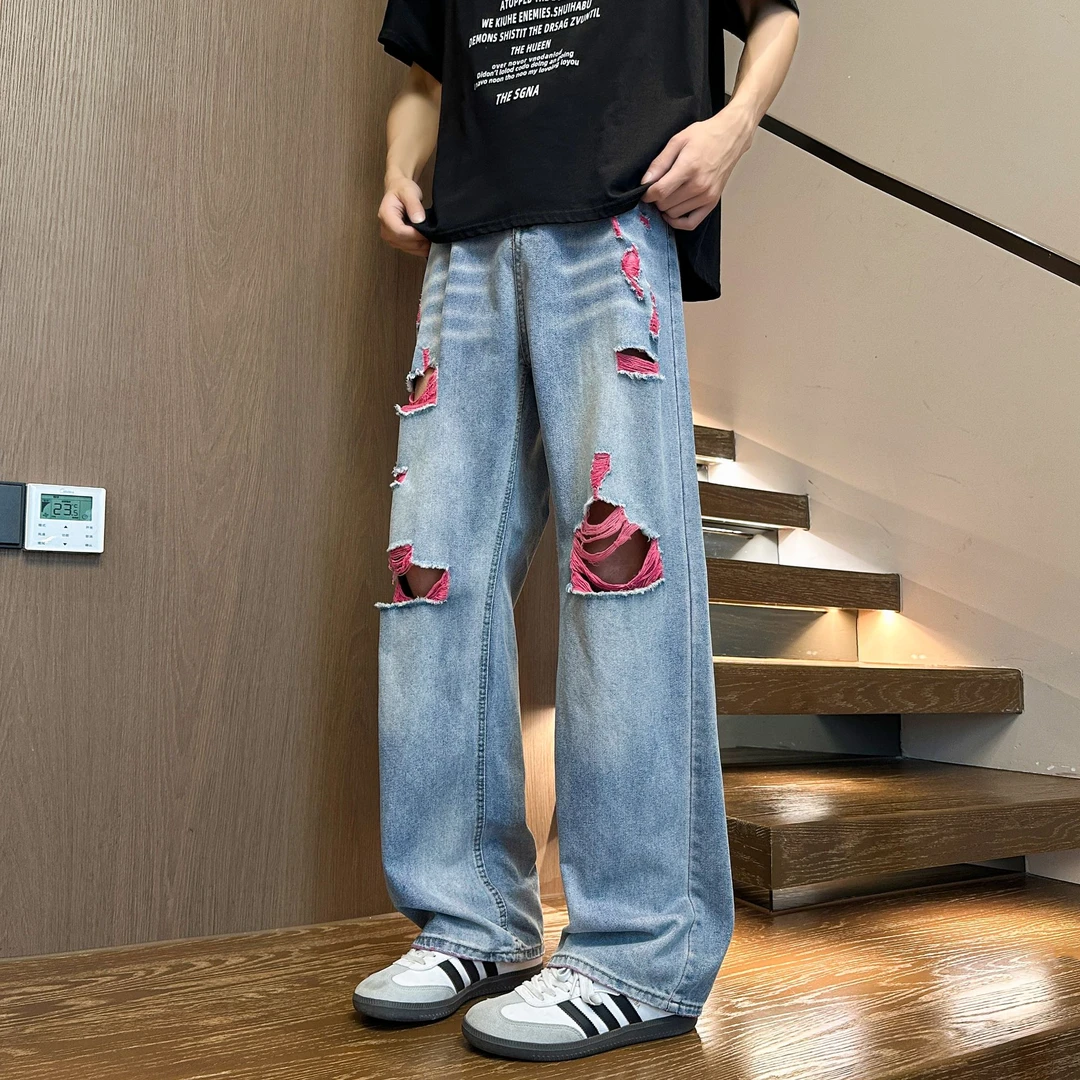 椰子树薄款美式高街破洞牛仔裤男款潮牌设计感宽松直筒弯刀裤