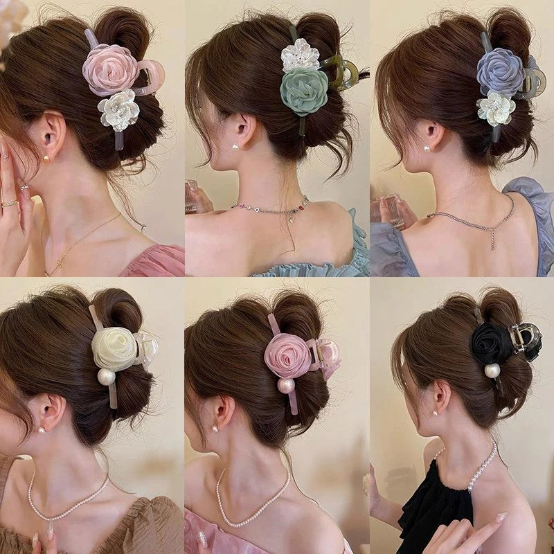 超仙珠珠玫瑰花抓夹高级感大号盘发鲨鱼夹后脑勺发夹新款气质发饰