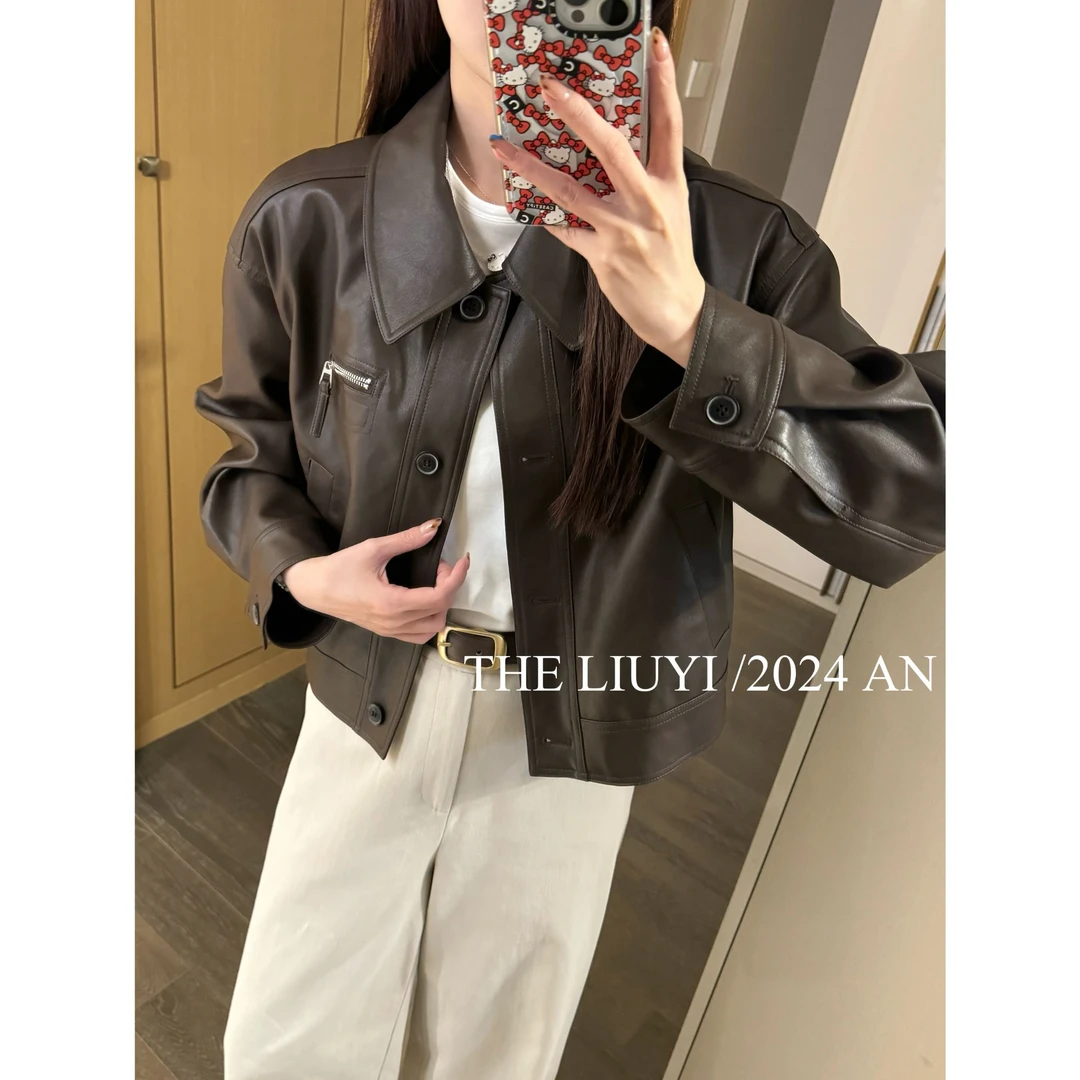 【LIUYI】摩卡皮衣~咖色翻领皮衣外套48164