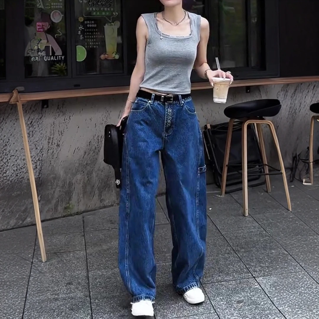 2025夏薄款大码女装高腰直筒牛仔裤梨形显瘦宽松设计感拖地阔腿裤