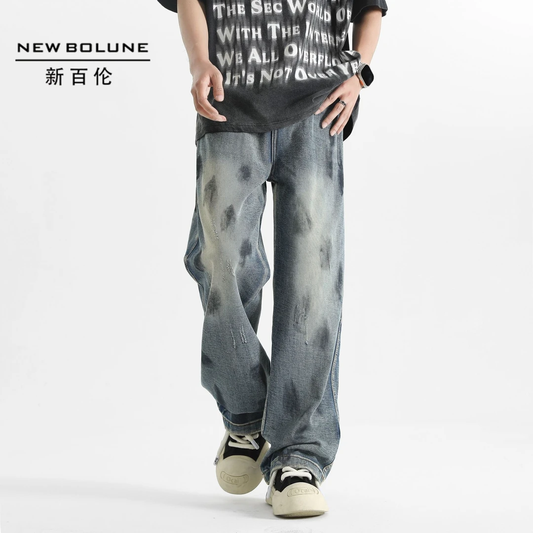 新百伦潮流满印休闲高街宽松直筒美式百搭复古水洗做旧港风牛仔裤