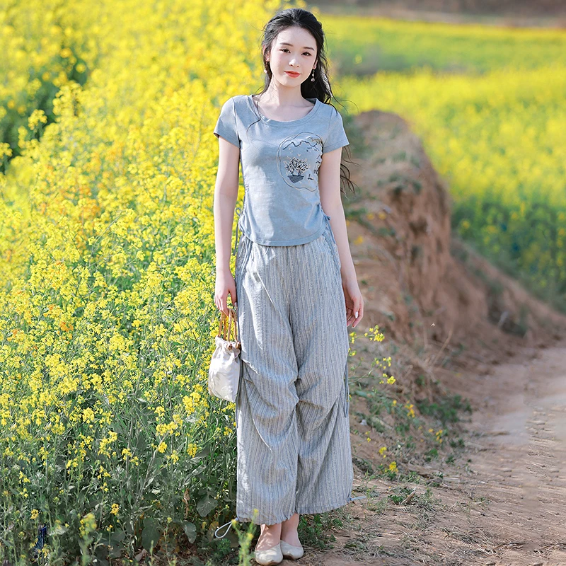 烟花烫国风气质灰蓝色套装女夏季新款刺绣短袖t恤阔腿裤 珂梦梦珂