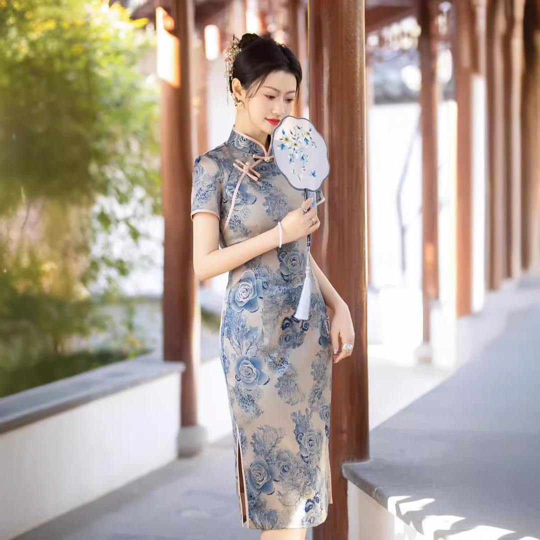 新款短袖中长款春夏季连衣裙旗袍2024年复古女双层日常烫金妈妈装
