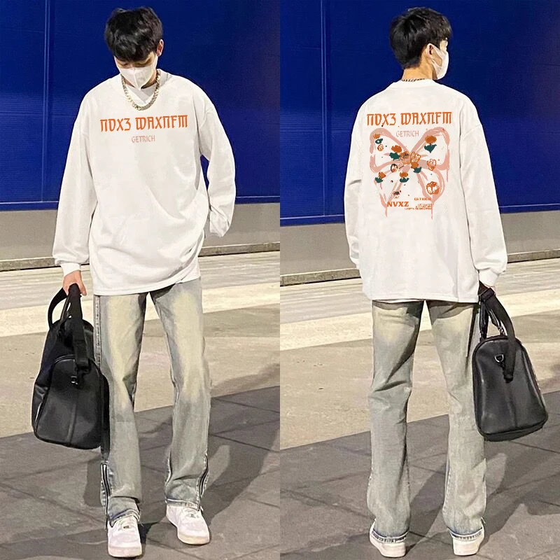 特大码300斤美式高街趣味印花长袖男秋冬宽松百搭重磅打底衫上衣