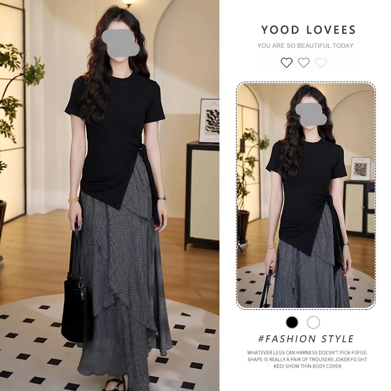 复古气质飘带小众短袖T恤不规则格子半身裙女2025夏季新款两件套