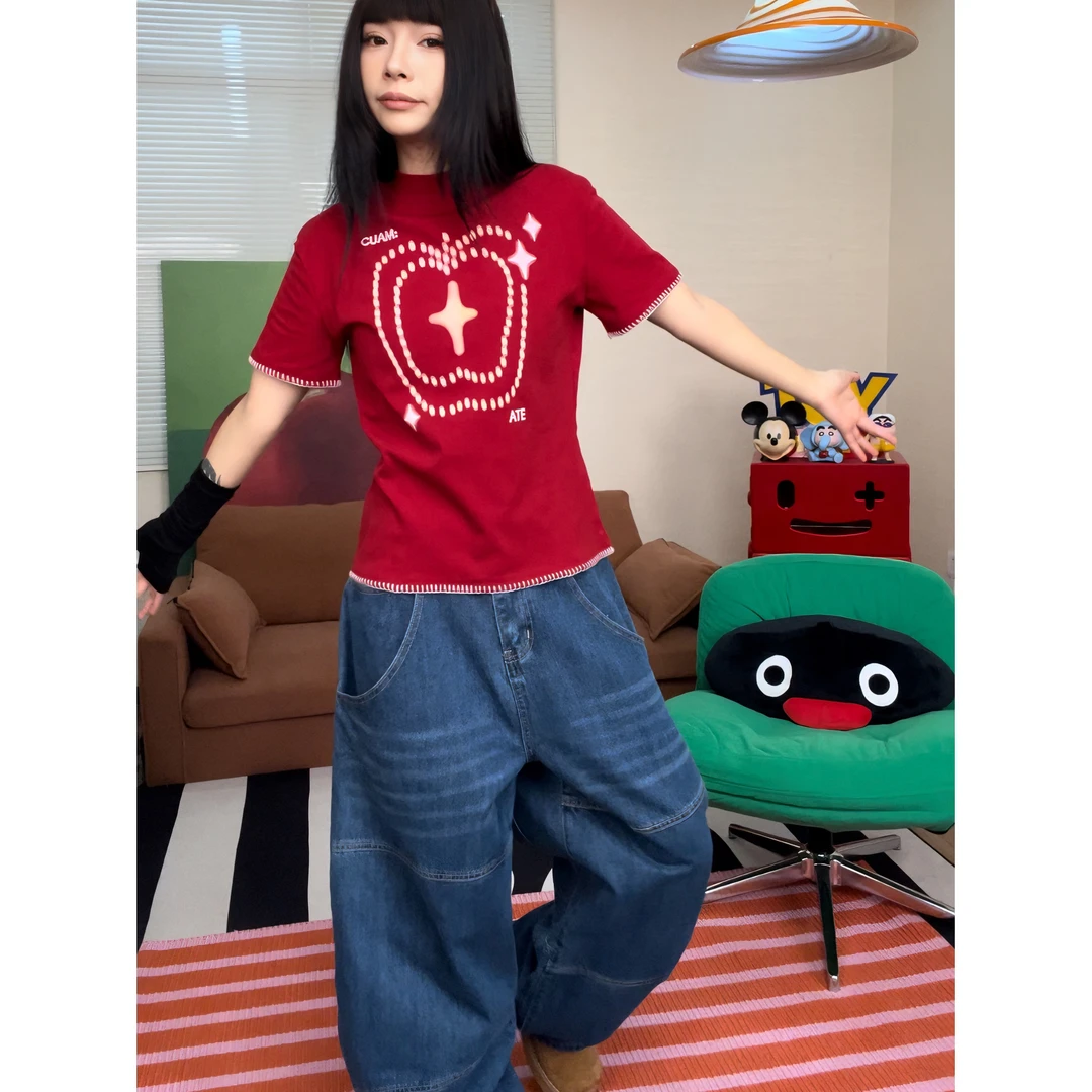 （星星苹果）创意苹果印花短袖T恤女夏季修身百搭时尚上衣