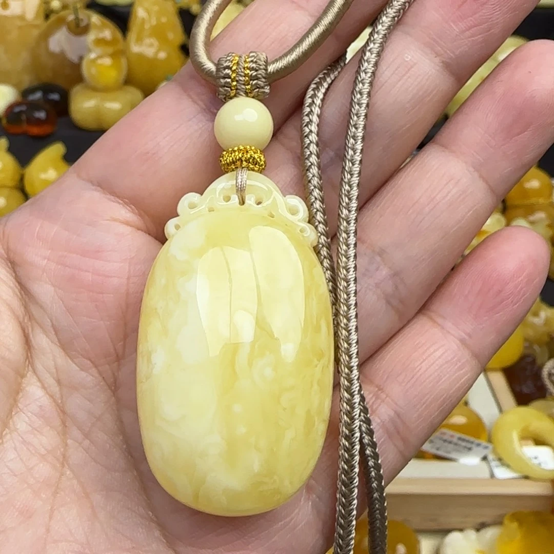 琥珀套链未镶嵌天然白花蜜蜡无事牌