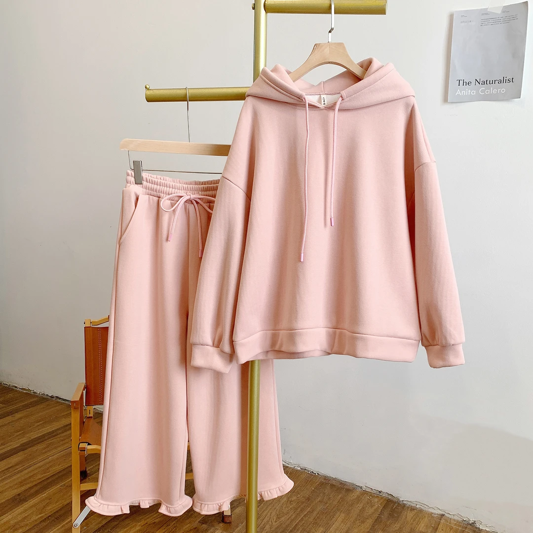 草莓蛋糕C5176加绒抽绳连帽卫衣松紧腰阔腿裤套装