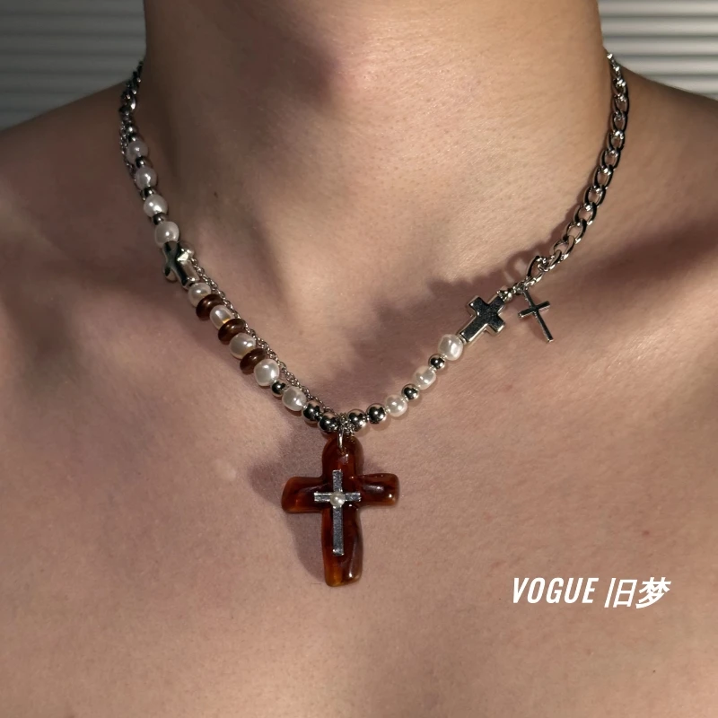 钛钢仿珍珠项链 琥珀流光风十字架项链男暗黑复古设计感个性ins风