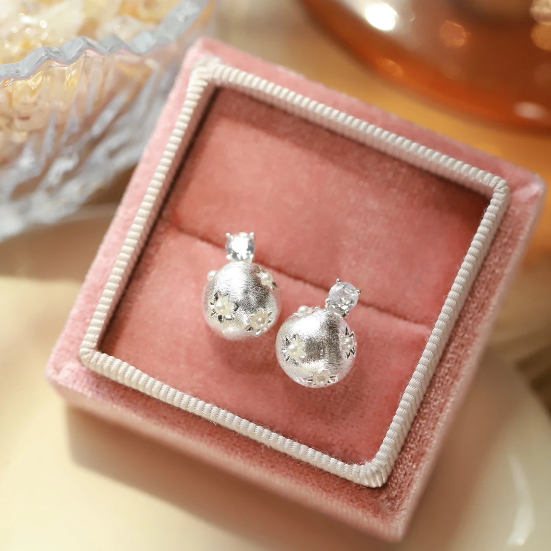 合金合成锆石耳饰 气质轻奢百搭拉丝圆珠耳钉韩系高级感精致耳环