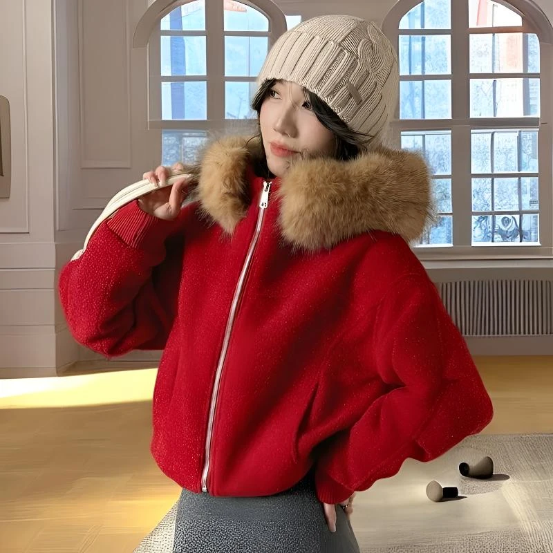 时尚大毛领羽绒服女2025冬季新款洋气保暖50白鸭绒短款外套派克服