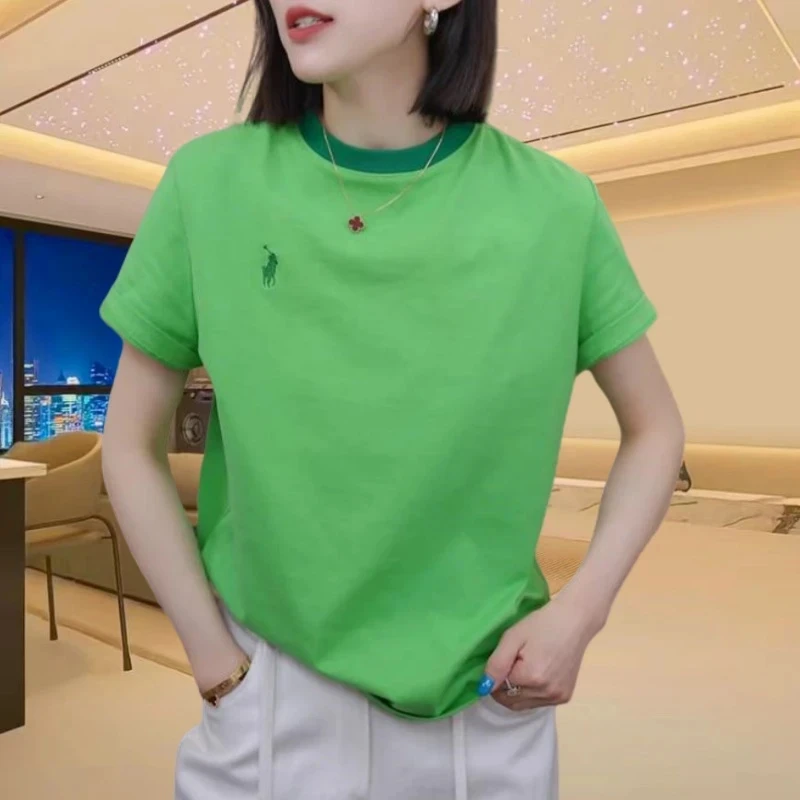 【高品质纯棉】春夏大码女装宽松刺绣T恤女ins短袖休闲圆领撞色上衣