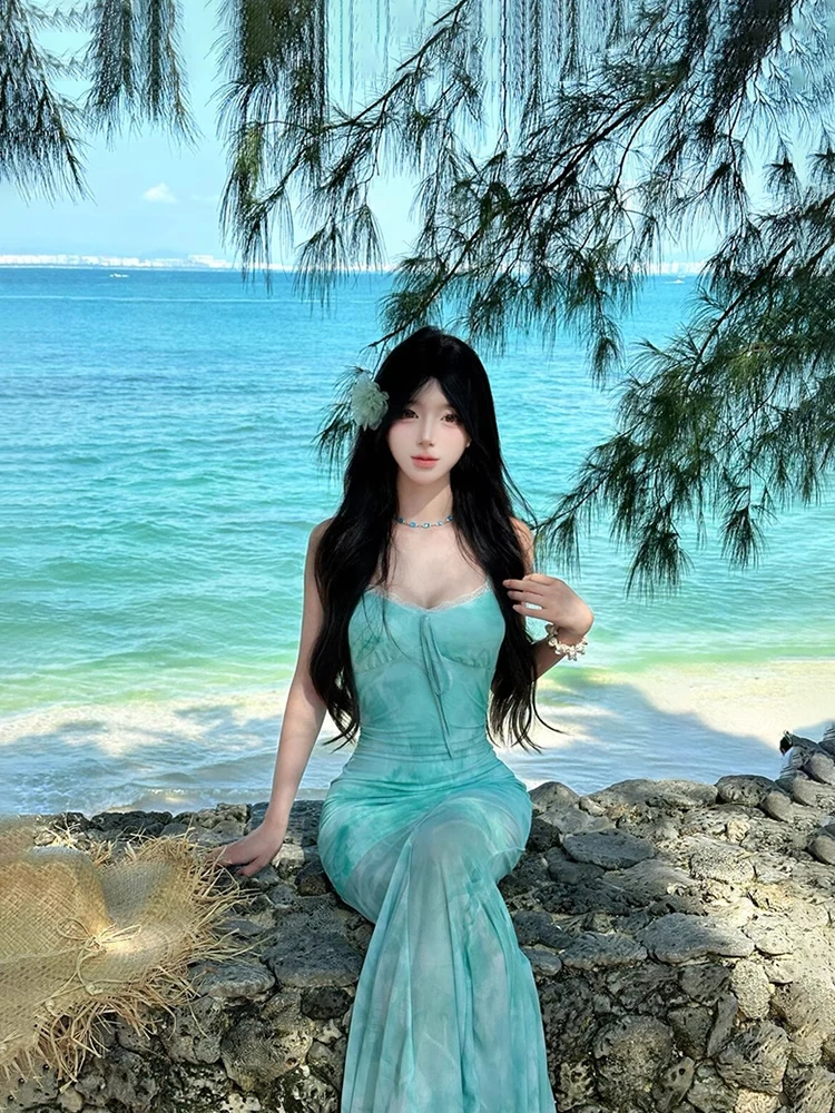 网纱吊带连衣裙女夏季纯欲性感气质绝美海边度假风显瘦鱼尾长裙子