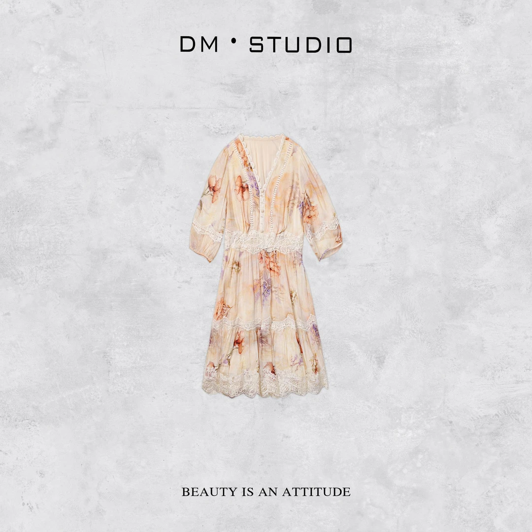 DEDM•STUDIO/亚麻桑蚕丝减龄静奢风碎花连衣裙2504LYQ/25S-1097W