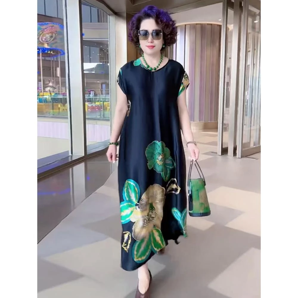 625短袖复古大码连衣裙2025夏季新款宽松遮肉显瘦气质妈妈长裙子