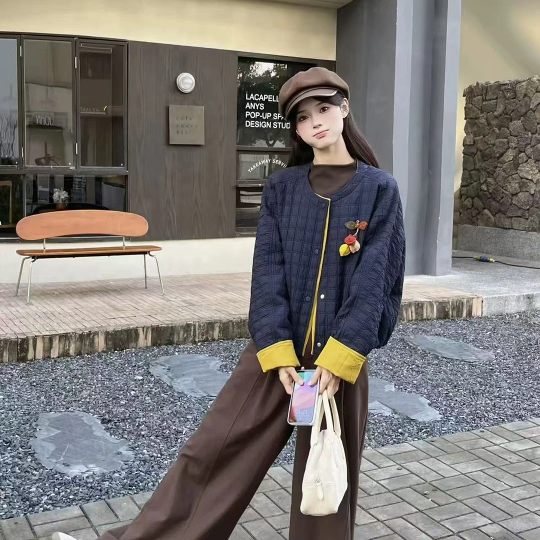 25127-3802宽松型花坠极简风圆领厚款棉服外套