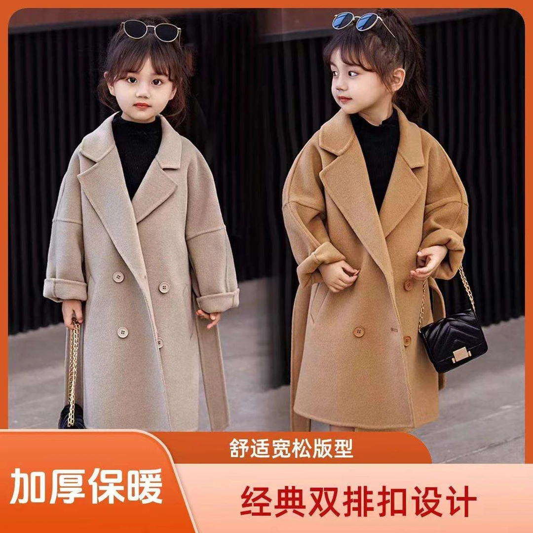 范哲萨秋冬加厚女童毛呢大衣双排扣西装领中长款百搭童装外套