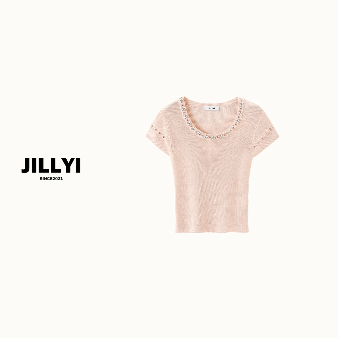 JILLYI【浅粉樱花】粉色钉珠圆领气质百搭时尚夏季针织衫