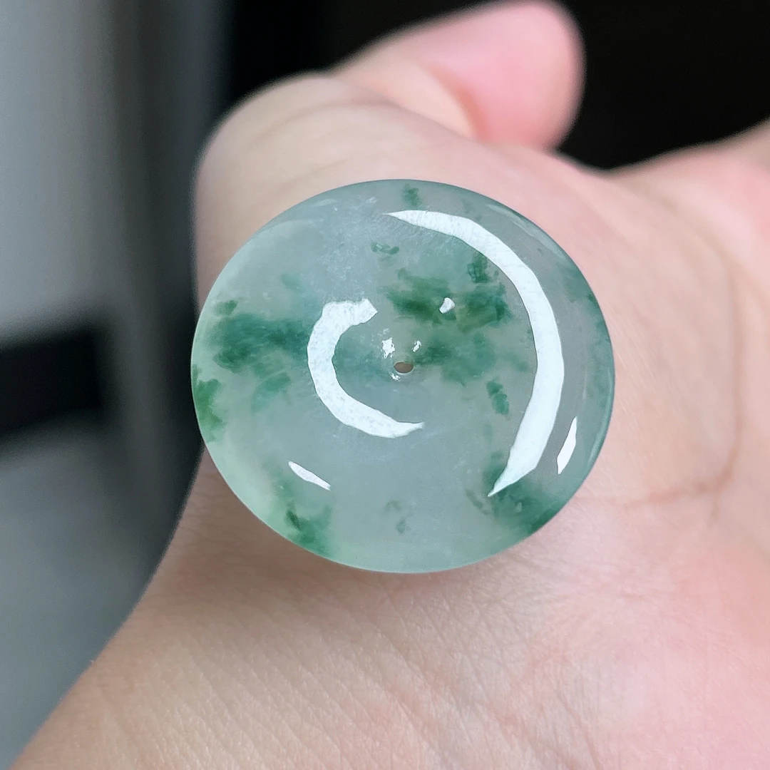 缅甸天然A货翡翠糯冰飘花平安扣吊坠花色灵动尺寸28×5.8