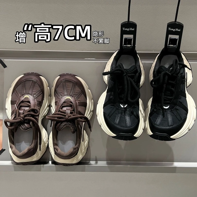 2025炸街潮款老爹鞋女黑色厚底鞋秋季新款真皮复古时尚超轻运动鞋