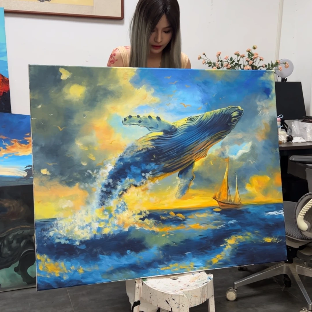 鲲***.丙烯画鲸鱼33加框