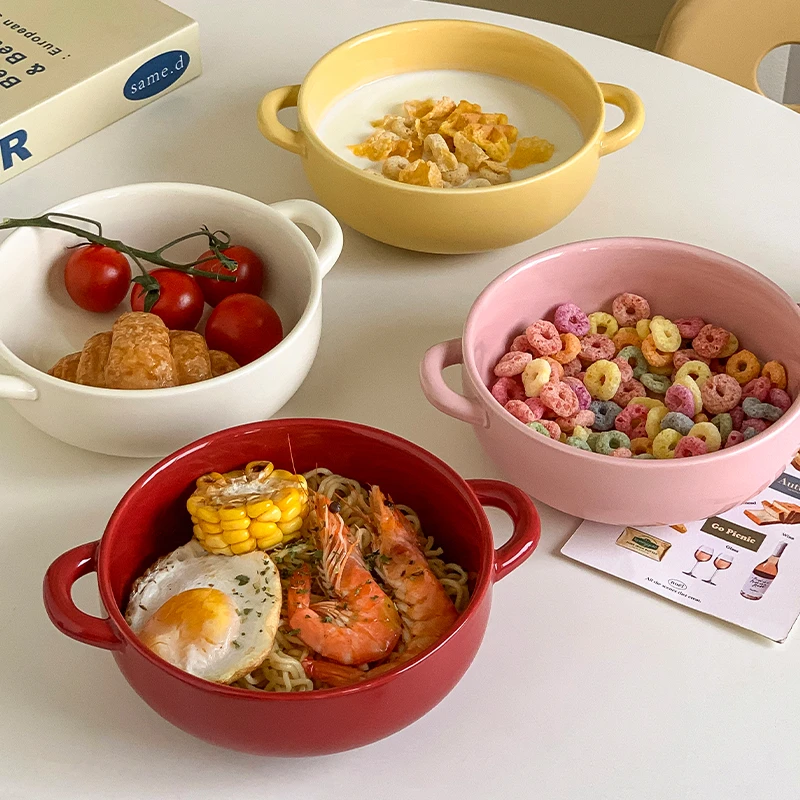 奶油风面碗双耳汤碗2025新款陶瓷餐具水果沙拉碗燕麦酸奶碗高级感