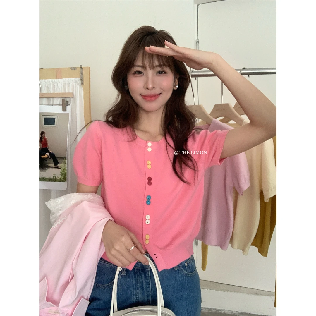 2025年春游出行衣服网红洋气炸街彩色扣子圆领短袖针织开衫女A119