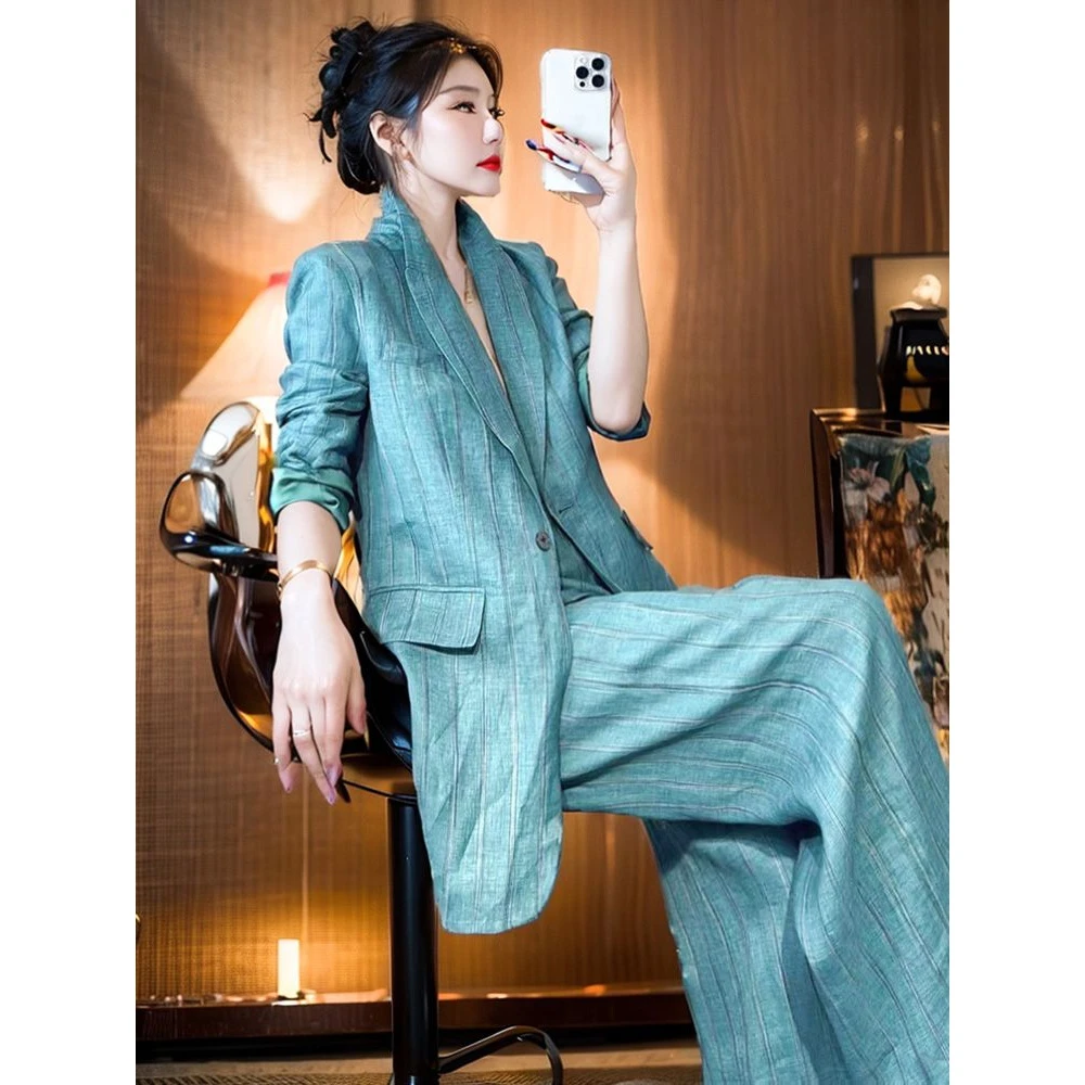 春季森系高级感显瘦蓝色休闲条纹亚麻西装阔腿裤两件套装女纯色