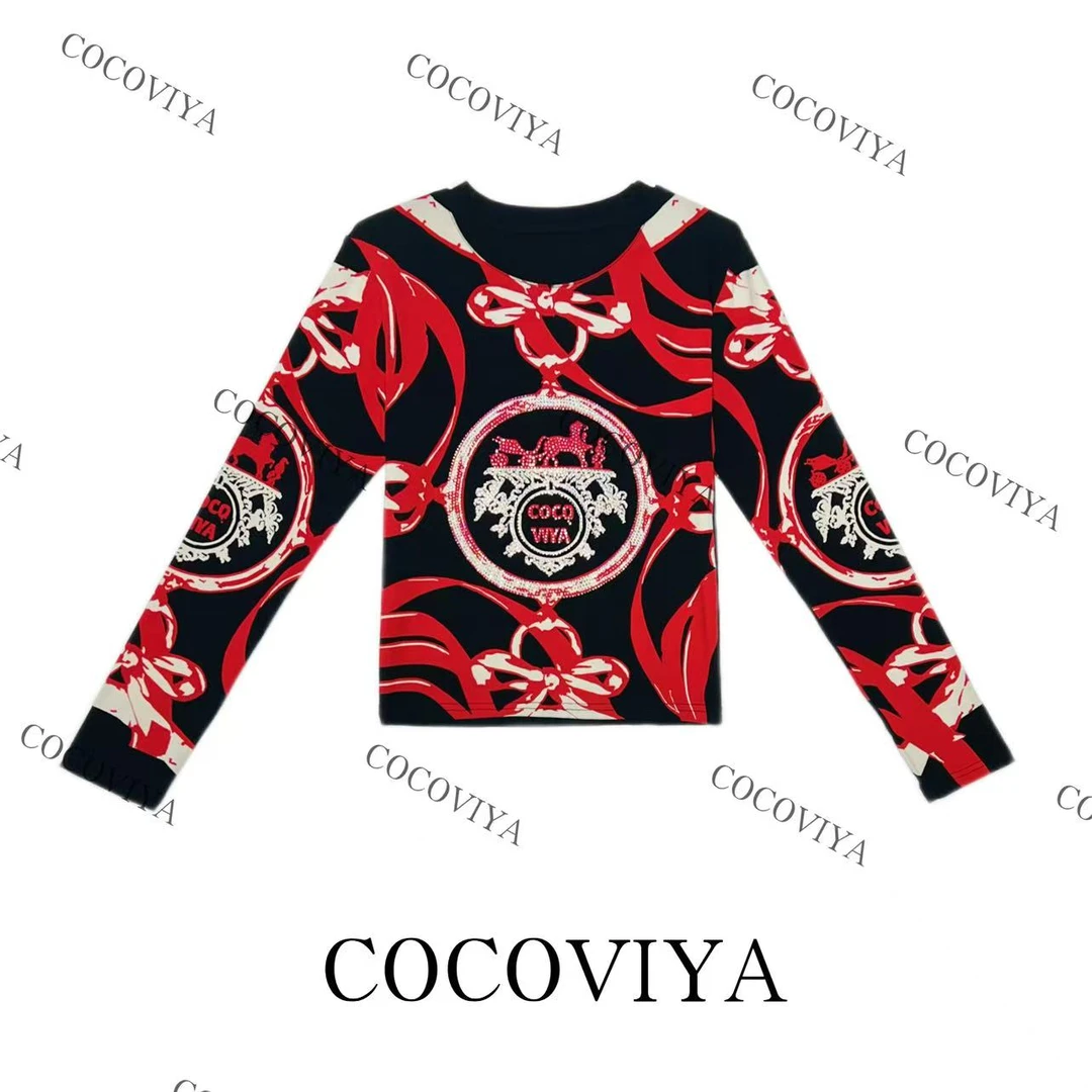 【XY】COCOVIYA玫红印花蝴蝶结徽章长袖上衣轻奢复古辣妹风26C-25