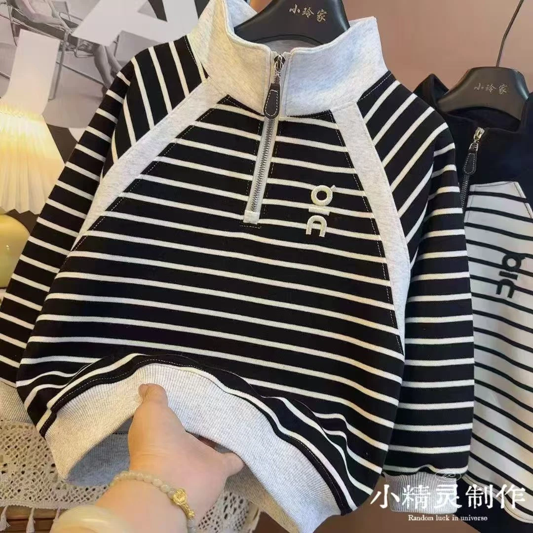 春秋款上衣2025新款洋气条纹字母设计中大童拼接百搭卫衣潮S9526