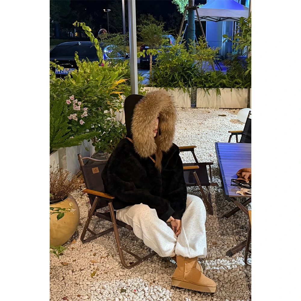 人造皮草 NN LIMITED≥新款自制2563 大毛领双面穿连帽环保皮草