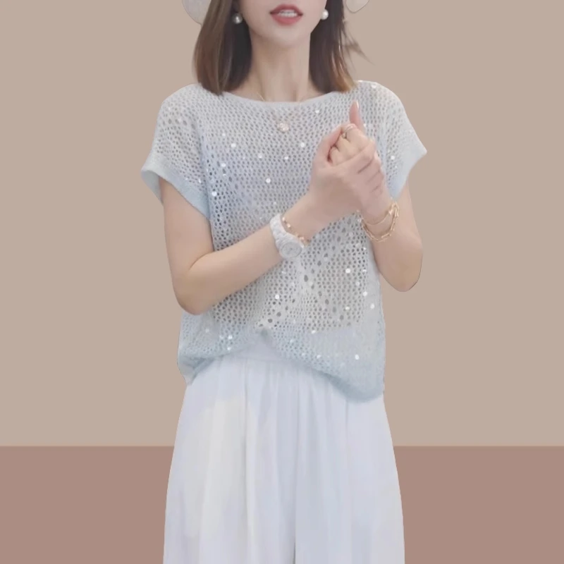 小香风重工亮片镂空短袖t恤针织衫女韩系透气百搭薄款显瘦小上衣