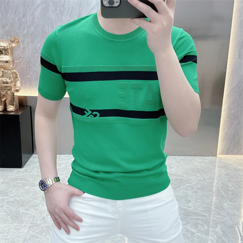 度尚-2025新款男士夏季高品质冰麻针织时尚潮流休闲圆领短袖t恤