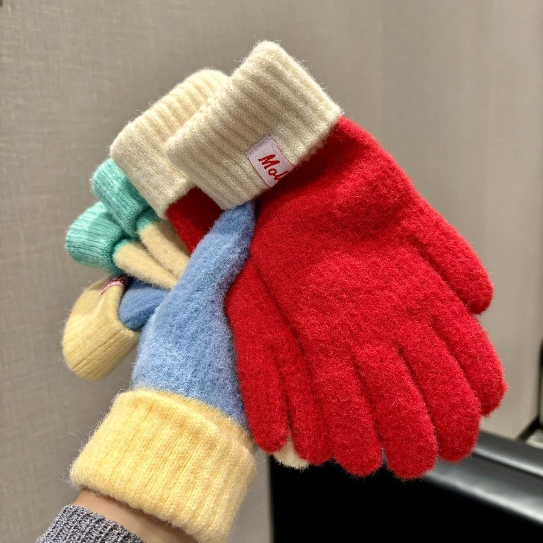 多巴胺彩色保暖毛线手套女秋冬新款针织可触屏冬天骑行五指防寒L