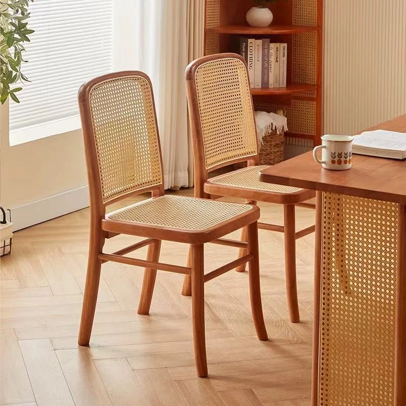 家用实木藤编餐椅日式中古靠背休闲卧室简约书桌椅复古风梳妆椅子