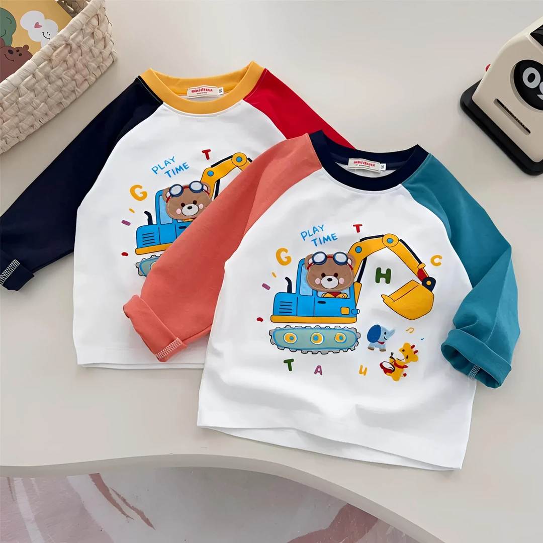 26春款男女童小熊挖掘机双色袖长袖打底衫