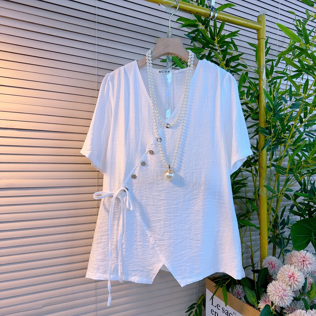 9269胖mm欧货时尚纯色V领简约款系带开衩设计感减龄百搭衫