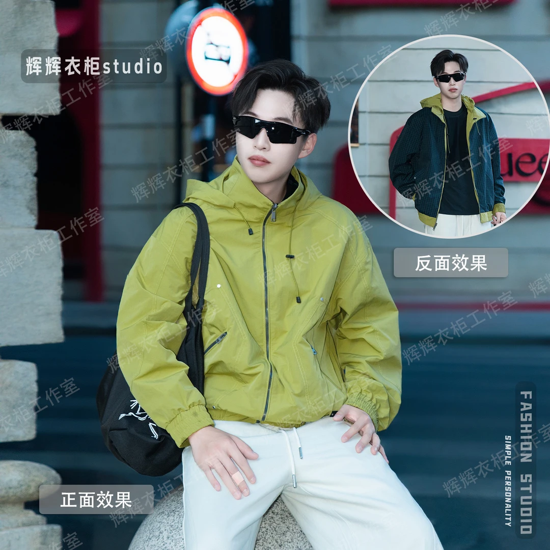 户外隐藏式连帽设计双面穿外套男士冲锋衣秋季新款工装夹克