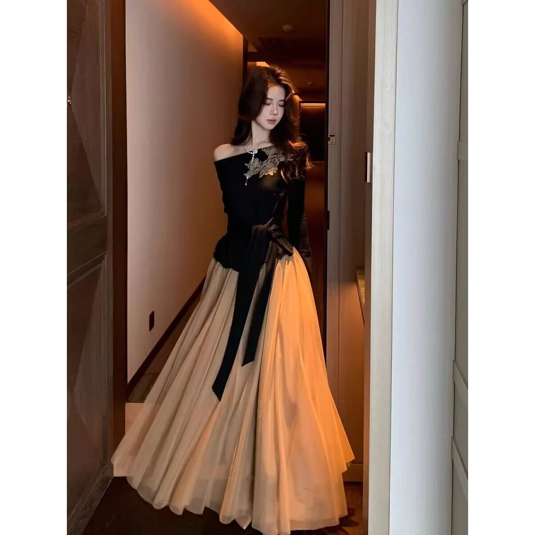 木子李的李长袖斜肩收腰上衣刺绣针织衫网纱垂感半身裙套装9158娇