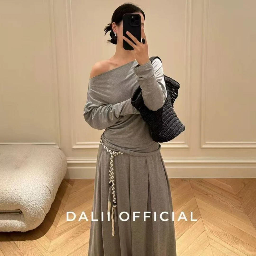 慵懒松弛气质斜肩上衣搭配半身裙显瘦韩系夏季套装