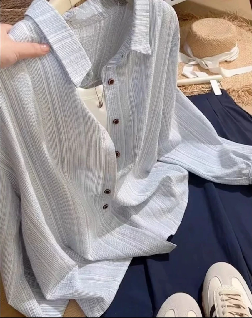 【棉麻优质版】蓝色竖条纹衬衫女宽松休闲上衣秋装翻领洋气长袖衬衣