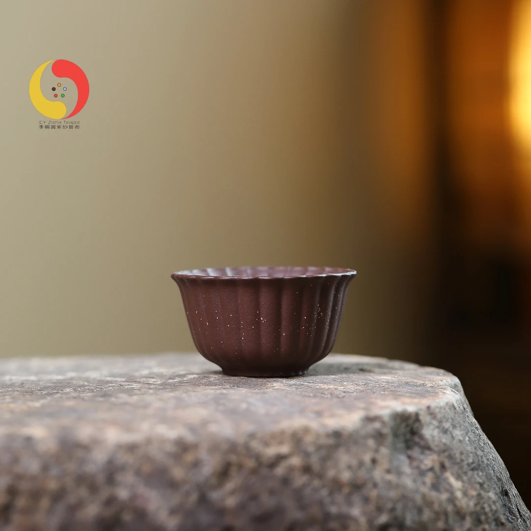 F紫泥筋纹菱花杯 茶器茶具 宜兴紫砂杯