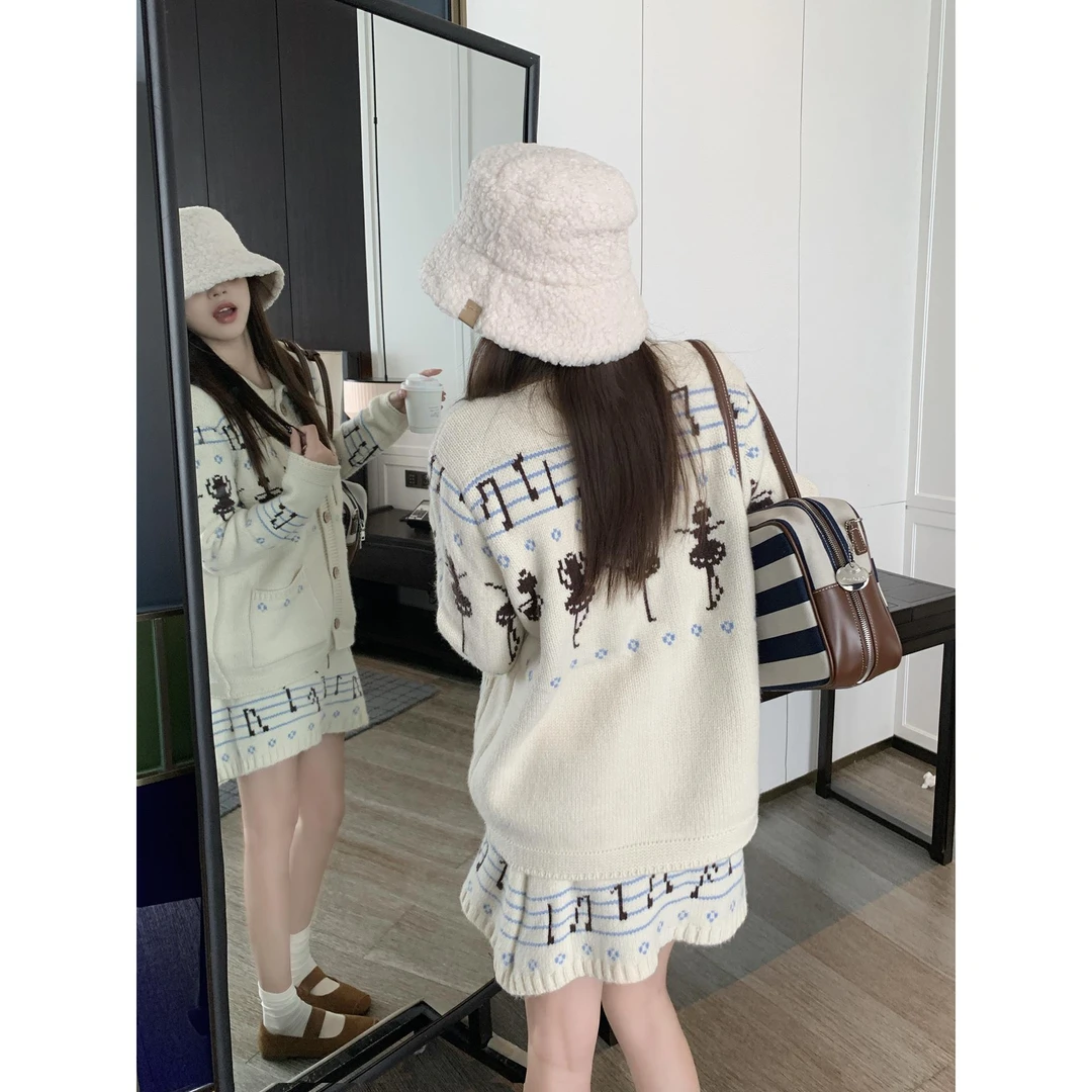 秋冬季费尔岛雪夜 两色针织套装慵懒风翻领开衫短裙韩系上衣长裙