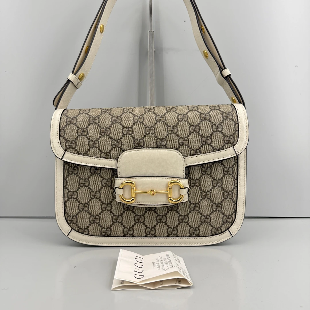 95新 GUCCI/古驰 优选/1955中号白色老花马鞍包黑标032/25x18x7