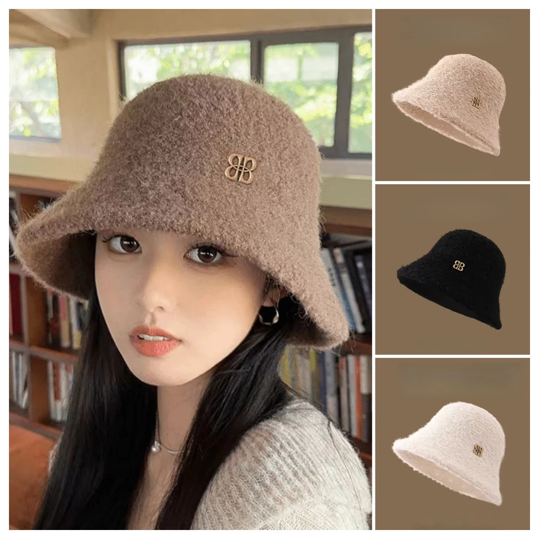 渔夫帽羊羔绒帽子女秋冬季大头围毛绒韩版针织百搭高级保暖盆帽