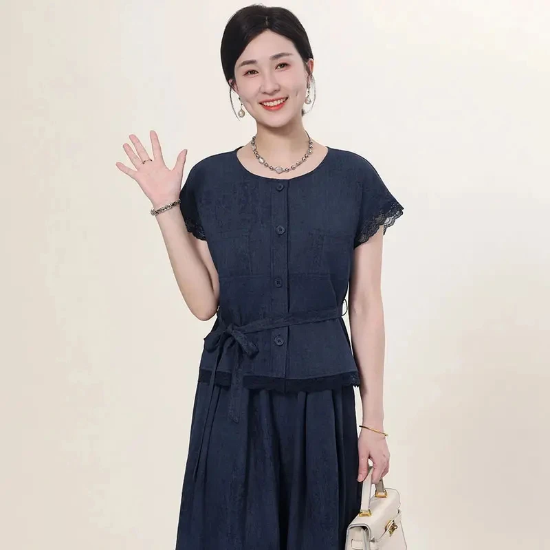 夏装妈妈装优雅蕾丝暗纹套装气质显瘦洋气宽松时尚休闲两件套气质