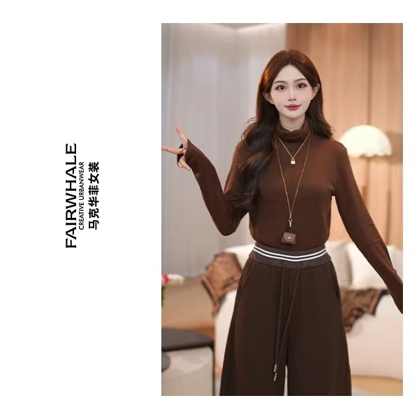 马克华菲女时尚休闲风高领保暖T恤拼接打底衫长袖套头1112-02 qq