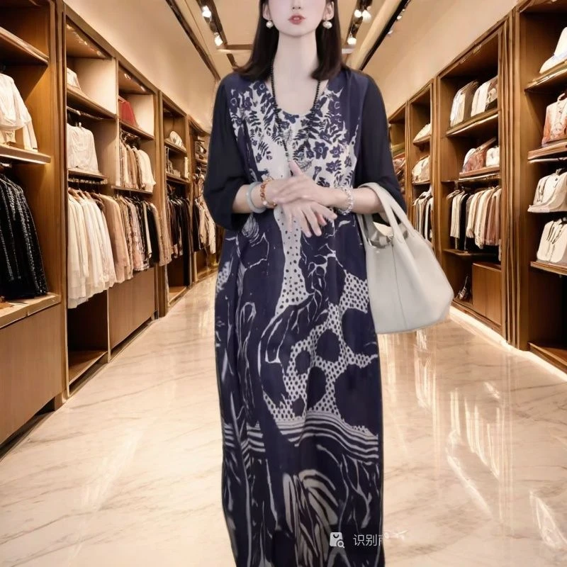 3918 轻奢大牌洋气印花连衣裙2025夏季新款法式气质宽松显瘦长裙